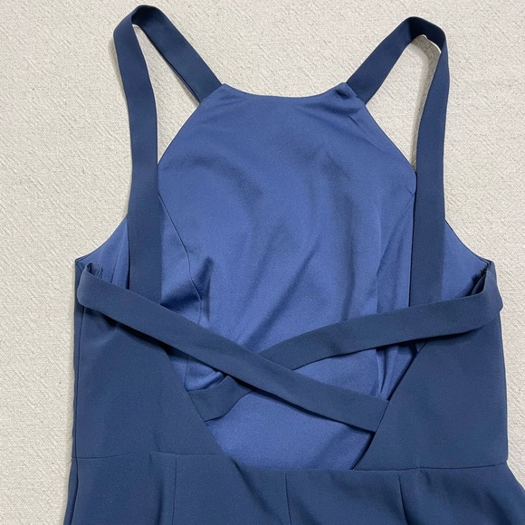 Dessy Collection Cutaway Shoulder Blue Crepe Column Gown 10 - Picture 3 of 7